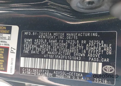 2015 Toyota Camry Se from USA, damaged, VIN 4T1BF1FK2FU101043